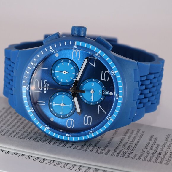 Swiss Limited Rare Swatch Chronograph Plastic Susn415 Triple Blu New 42MM Blue - Picture 2 of 10